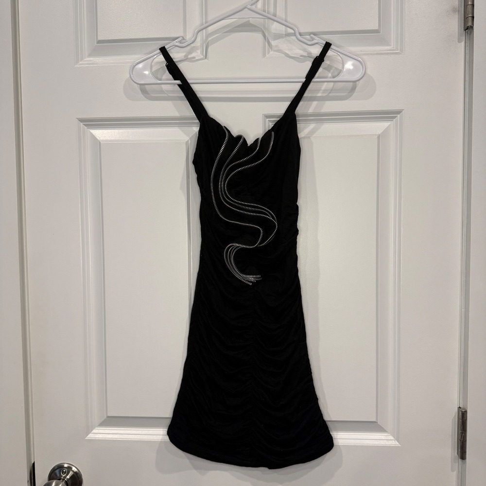 Urban Behavior Black Ruched Mini Dress Zipper Detail Bodycon Size XS